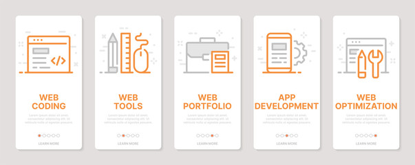 Web development related vertical cards. Mobile app onboarding screens Templates for a website. Icons with editable stroke