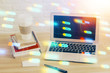 © peshkova - Double exposure of desktop computer and technology theme hologram. Concept of software development.