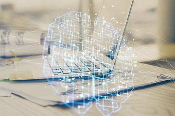 Aufkleber - Multi exposure of work space with computer and human brain hologram. Brainstorm concept.