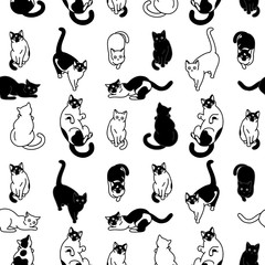 Wall Mural - Seamless pattern with cute black and white cats. Texture for wallpapers, stationery, fabric, wrap, web page backgrounds, vector illustration