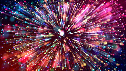 Wall Mural - 3d abstract beautiful background with light rays colorful glowing particles, depth of field, bokeh. 