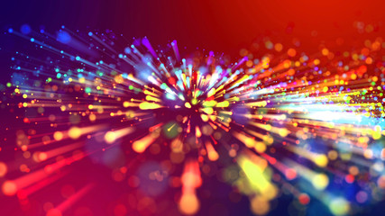 Wall Mural - abstract explosion of multicolored shiny particles like sparkles with light rays like laser show. 3d