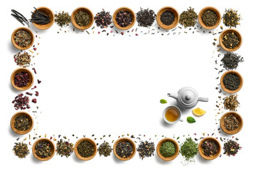 Wall Mural - Large assortment of tea on a white background. The view from the top