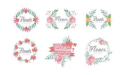 Poster - Flower Shop Logo Templates Set, Badges, Emblems, Logotypes in Pastel Colors Vector Illustration