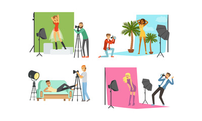 Wall Mural - Photo Studio Collection, Male Photographers Taking Pictures of Models Posing for Photos with Professional Equipment Vector Illustration