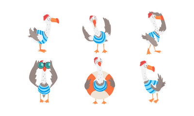 Seagull Sailor Collection, Funny Captain Bird Cartoon Character in Various Actions Vector Illustration