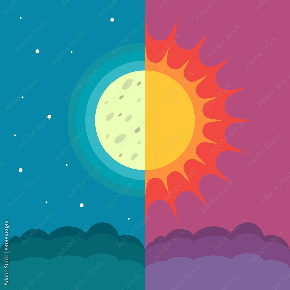 The Sun and The Moon on dual composition as concept of spring and autumn equinox - obrazy, fototapety, plakaty 