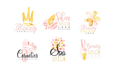 Poster - Beauty Salon Logo Design Collection, Spa, Skin, Cosmetics Watercolor Hand Drawn Badges Vector Illustration