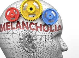 Melancholia and human mind - pictured as word Melancholia inside a head to symbolize relation between Melancholia and the human psyche, 3d illustration