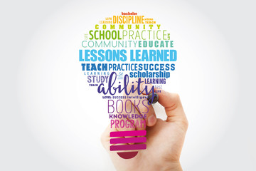 Lessons Learned light bulb word cloud collage, education concept background