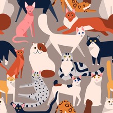 Seamless Colored Pattern With Different Cat Breeds Flat Illustration. Creative Decorative Background With Various Pet Vector Isolated On Gray. Funny Cute Domestic Animal