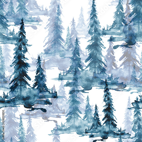 Naklejka - mata magnetyczna na lodówkę Seamless watercolor pattern, background. blue and White Watercolor Seamless Pattern of Conifer Tree. blue Silhouette spruce, pine, cedar, larch, abstract forest, silhouette of trees. Foggy forest 