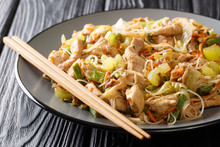 Stir Fried Rice Noodles Pancit Bihon With Vegetables And Meat Close-up In A Plate. Horizontal