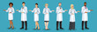 © annagarmatiy - Big set of male and female doctors different nationalities. Men and woman medical staff are standing half turn and pointing by hand. European, Asian, African American, Arab hospital employees. Vector