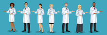 Big Set Of Male And Female Doctors Different Nationalities. Men And Woman Medical Staff Are Standing Half Turn And Pointing By Hand. European, Asian, African American, Arab Hospital Employees. Vector