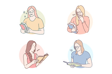 Reading interesting or boring book set concept. Woman yawns, reading boring journal. Bored girl reads book. Female has interesting magazine. Student studies tutorial with interest. Simple flat vector