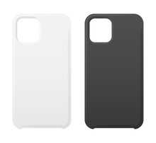 Empty Phone Black And White Cover Smartphone Blank Case Mockup Designs Isolated On White. Simple Cellphone Accessories To Protect From Mechanical Damage. Protective Mobile Items. Vector Illustration.
