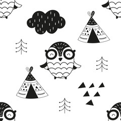 Wall Mural - Monochrome seamless pattern with cute forest owls and wigwams in Scandinavian style. Vector Illustration. Great for baby clothes, greeting card, wrapping paper. White background.