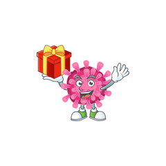 Wall Mural - Happy face corona virus cartoon character having a box of gift