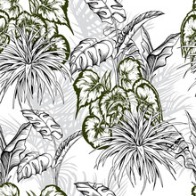 Seamless Pattern With Tropical Plants, Palm Trees And Monstera Leaves.