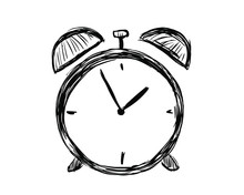 Hand Drawn Alarm Clock Isolated On White Background. Clock Icon Vector Illustration.