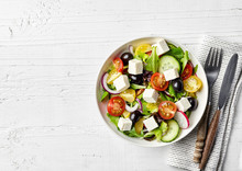 Greek Salad With Fresh Vegetables, Feta Cheese And Black Olives
