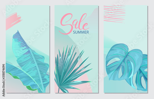 Set of tropic backgrounds with palm leaves for summer party, spa, greeting ca...