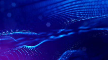 Wall Mural - microworld or sci-fi theme. 3d rendering background of glowing particles that form curved lines and 