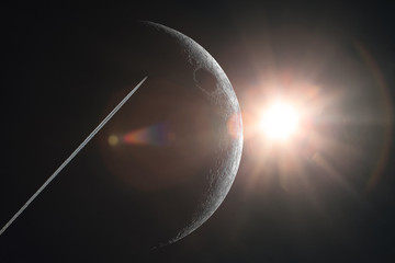 Wall Mural - space photo with the image of the moon, the sun and the trail of a flying rocket. cosmos, the rocket