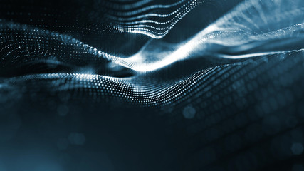 Wall Mural - microworld or sci-fi theme. 3d rendering background of glowing particles that form curved lines and 