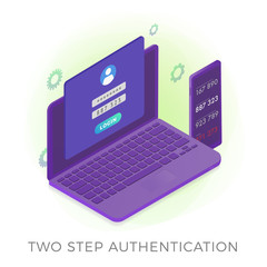 Wall Mural - 2fa two step authentication - 2 steps verification secure password concept. isometric laptop and sma