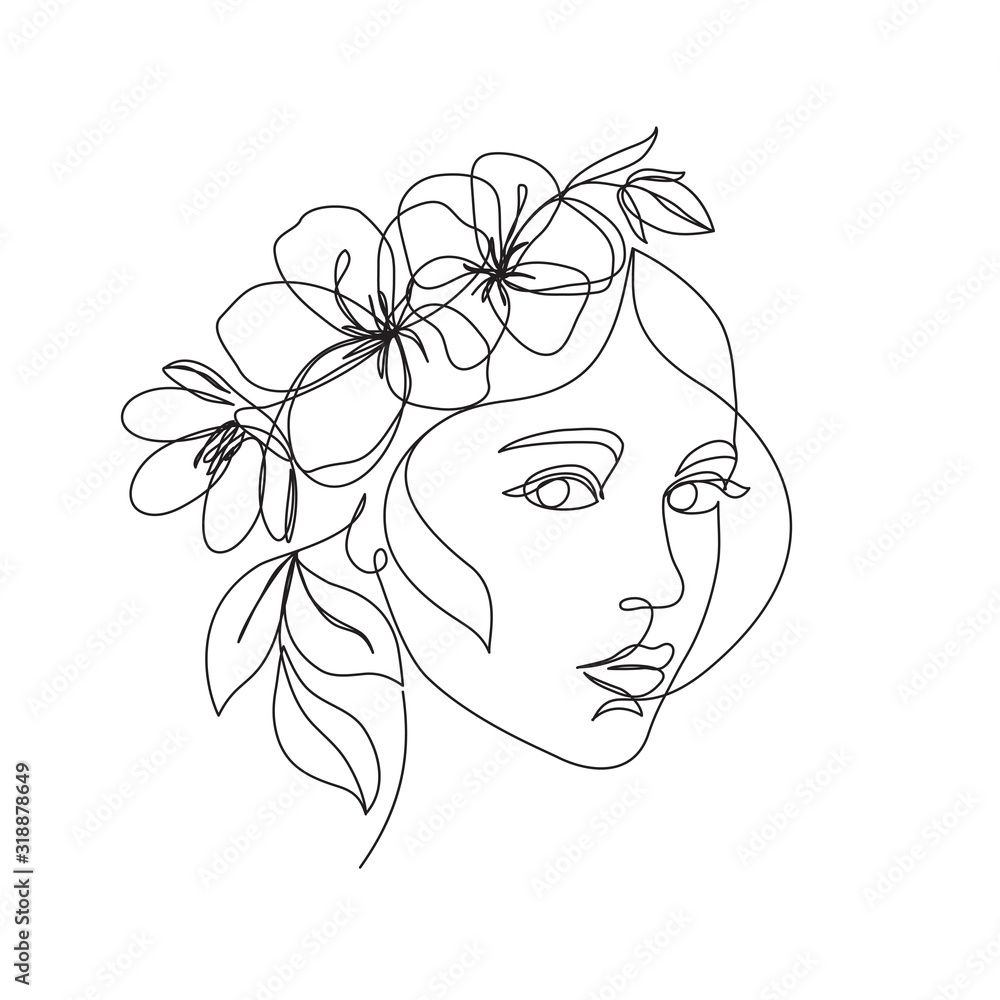 Woman face with flowers one line drawing. Continuous line drawing art ...