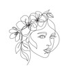 Woman face with flowers one line drawing. Continuous line drawing art. Flower bouquet in woman head single line art. Vector line illustration. Nature cosmetics. Minimalist Black White Drawing Artwork
