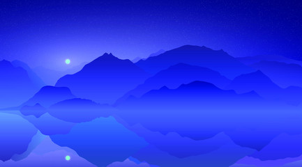 Wall Mural - Rising of the full moon above the distang blue mountains reflected in a lake. Vector illustration, EPS 10.