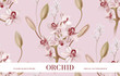 Pink ochid  tender background.  Vector realistic floral bouquet design: garden pink orchids flower, Orchidaceae with buds, soft green vackground. Wedding invite card Watercolor template