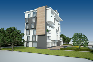 Fototapete - Modern appartment building with garden