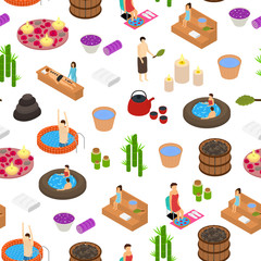 Poster - Bath House Concept Seamless Pattern Background 3d Isometric View. Vector