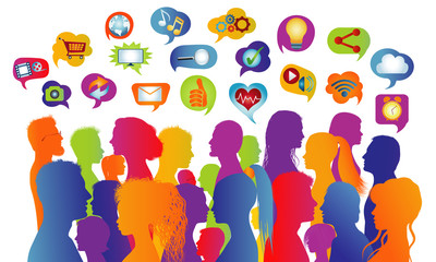 Wall Mural - Connecting group of multiethnic people who socialize communicate and share information. Communication and sharing. Crowd that speaks. Social media network. Virtual contacts. Speech bubble