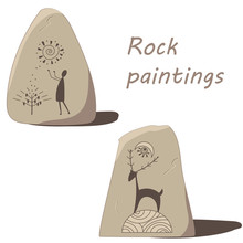 Set Of Rock Painting Isolated On White Background. Cave Drawings With Ethnic People, Animals,mystical Symbols.