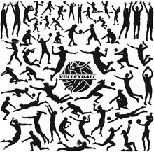 Collection Of Vector Silhouettes Of People, Men, Women And Children Playing Indoor Or Beach Volleyball