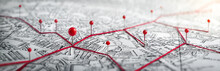 Routes With Red Pins On A City Map. Concept On The  Adventure, Discovery, Navigation, Communication, Logistics, Geography, Transport And Travel Topics.