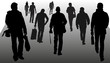 © Valentina - Vector silhouettes of people walking forward, men, back view, crowd of pedestrians, in warm clothes, summer, different time of the year. Sumy buyers, tourists with cameras, businessmen with briefcase.