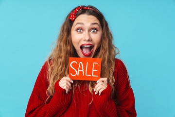 Sticker - Image of excited blonde woman holding placard and expressing surprise