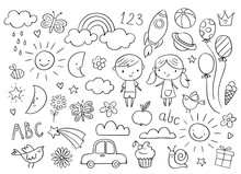 Vector Hand-drawn Kids Doodle Set. Drawings For Children On White Background. Baby Shower Related Design Elements Set.