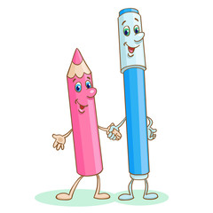 Canvas Print - Cheerful blue marker and pink pencil stand holding hands. In cartoon style on a white background. Vector illustration.