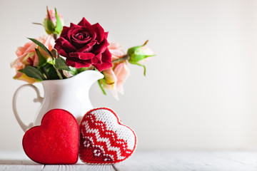 Wall Mural - greeting card with flowers and heart. background with copy space. selective focus.