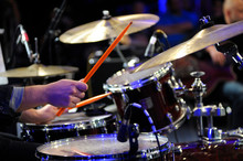 Musician Hands Holding Drumsticks Playing Drums, Marching Cymbals