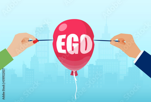 Vector of man and woman hands with needles to burst a balloon with word ego Poster Mural XXL