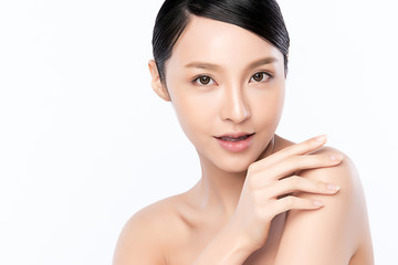 Portrait beautiful young asian woman clean fresh bare skin concept. Asian girl beauty face skincare and health wellness, Facial treatment, Perfect skin, Natural makeup, on white background,two