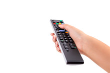 Woman Hand Using TV Remote Control With Clipping Path Isolated On White Background. Selective Focus